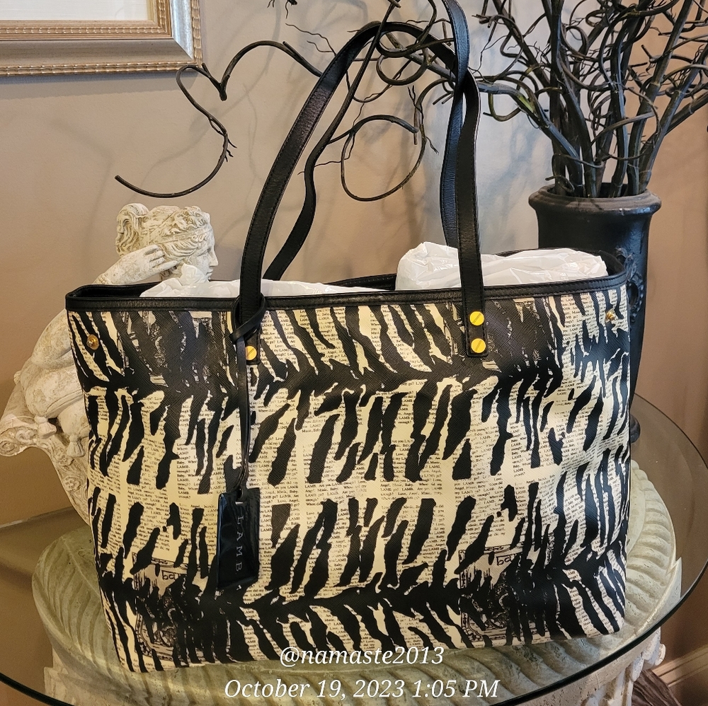L.A.M.B. by Gwen Stefani Zebra Print Newsprint Tote Luxury Designer Bag #604
